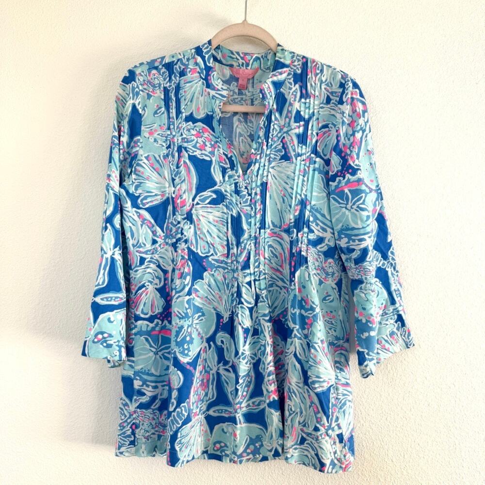 Lilly Pulitzer Sarasota Tunic Dress Bay Blue Tropical Print Rayon Preppy‎ S